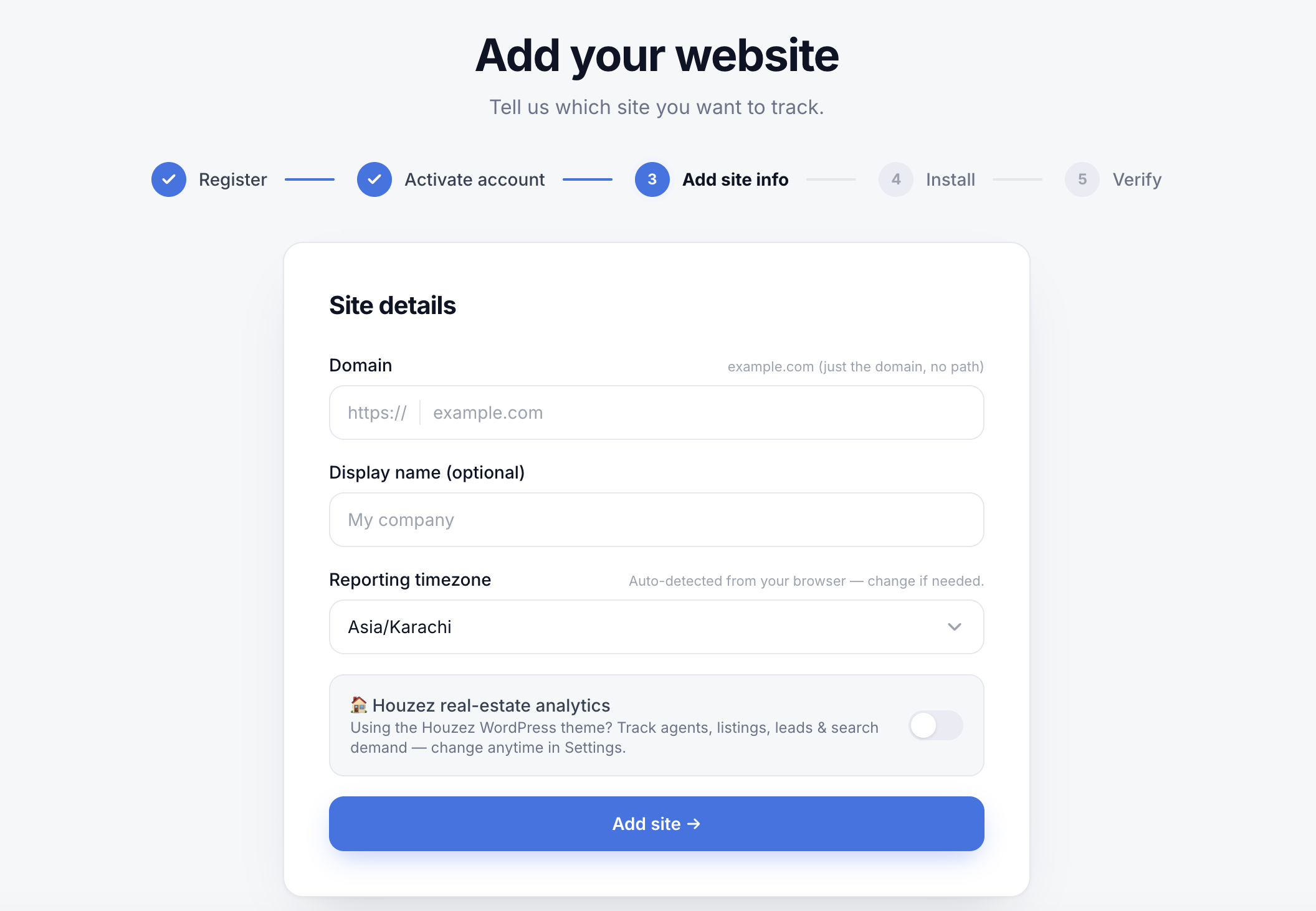 The Add site form with domain, display name, and reporting timezone fields