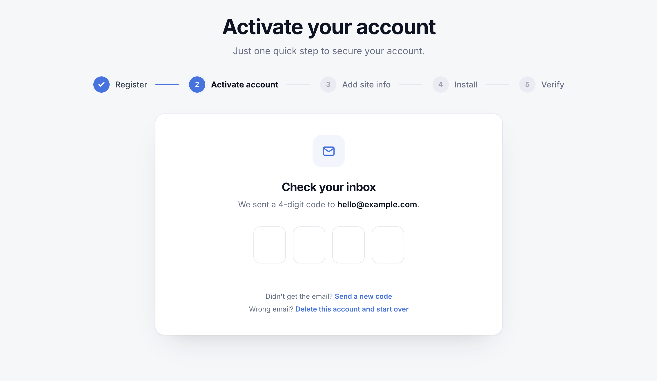 The activation screen with a 4-digit code input