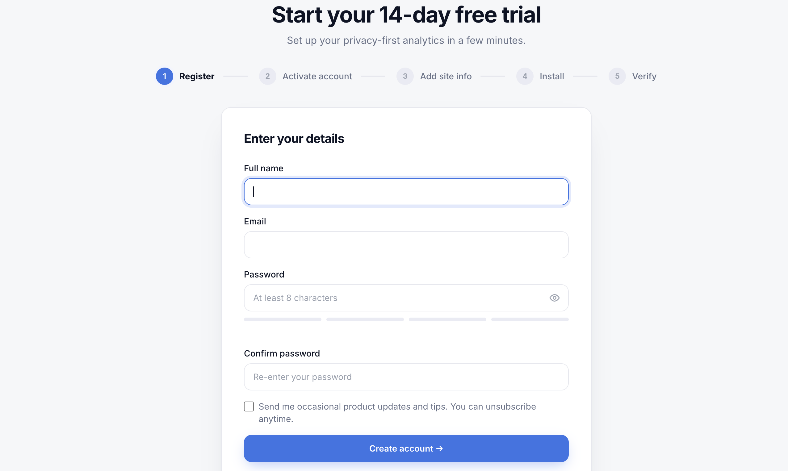 The Wazlytics sign-up form with name, email, and password fields