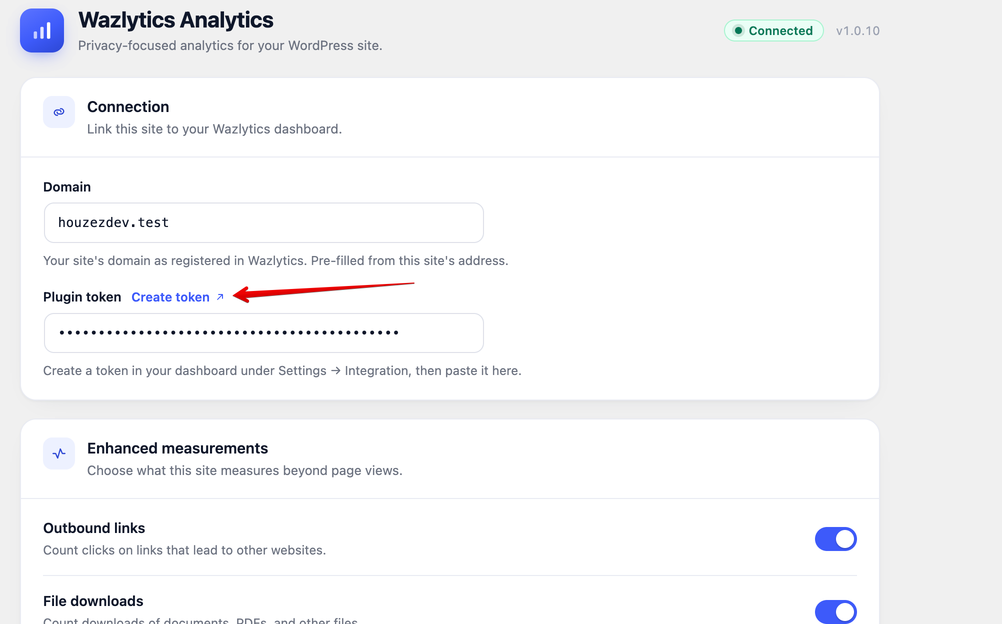 The Create plugin token dialog in the Wazlytics dashboard